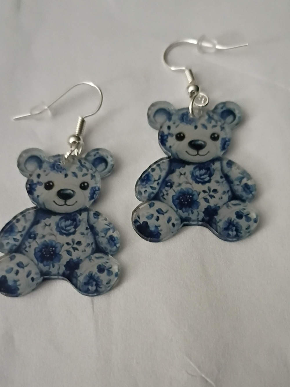 Blue Floral Teddy Bear Dangle Earrings - Charming Women’s Jewelry